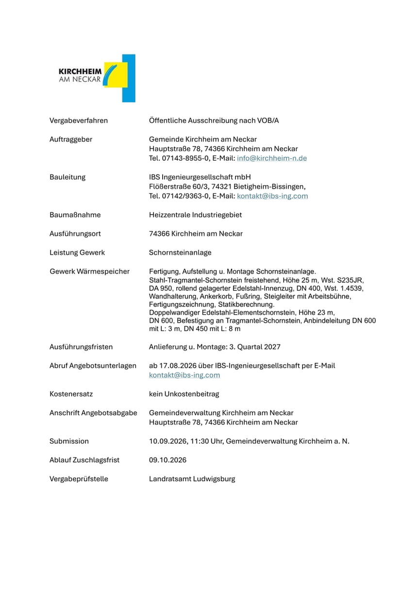 &Ouml;ffentliche Ausschreibung nach VOB/A - Schornsteinanlage