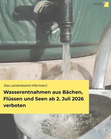 Wasserhahn tropft in ein Waschbecken. Text: "Wasserentnahmen aus Bächen, Flüssen und Seen ab 2. Juli 2026 verboten."