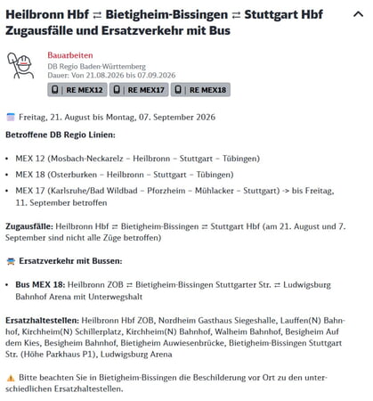 Zugausfall: DB Regio Baden-W&uuml;rttemberg, Ersatzverkehr mit Bus zwischen Heilbronn Hbf und Stuttgart Hbf.